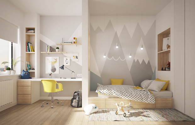 Sàn gỗ sáng màu kết hợp với nội thất màu trắng đem lại sắc thái tươi vui cho phòng của bé.